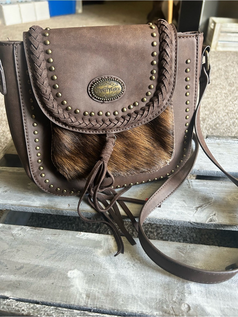 Rustic Brown Leather Crossbody Bag with Haircalf Accent